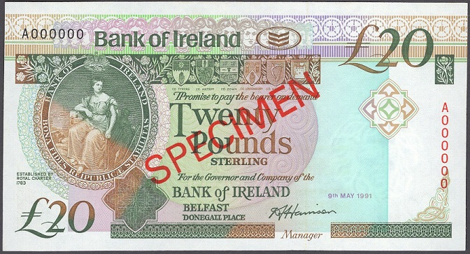 Bank of Ireland 20 Pounds Specimen 9th May 1991 Harrison.jpg