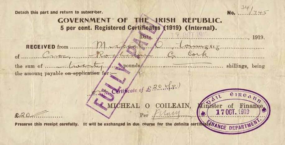 Irish Republic Internal Loan Certificate 20 Pounds 17th Oct. 1919.jpg