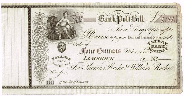 Thomas Roches & Co. Limerick Bank Post Bill 4 Guineas Unissued.jpg