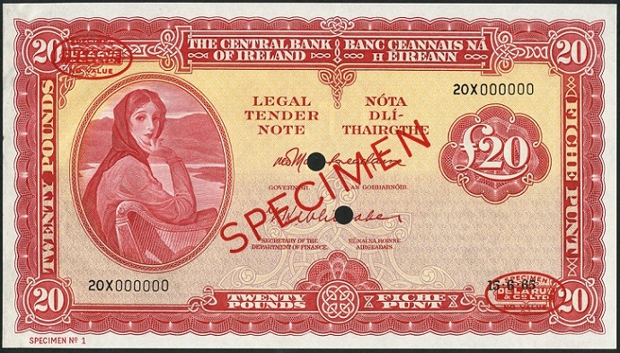 Lavery 20 Pounds Specimen De La Rue 15th June 1965 O'Muimhneachain Whitaker.jpg