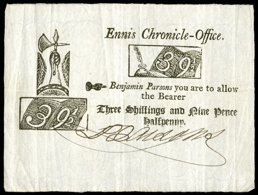 Ennis Chronicle Office 3 Shillings Nine Pence Halfpenny ca.1804.jpg