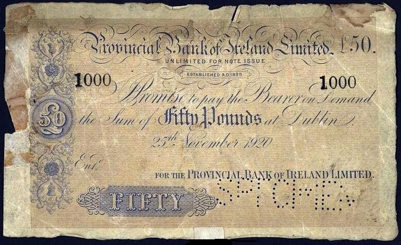 Provincial Bank of Ireland 50 Pounds Specimen 25th November 1920.jpg