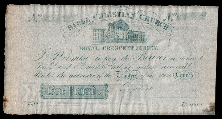 Bible Christian Church Jersey 1 Pound Unissued Jersey ca. 1872-1884 with Maunsell Limerick Watermark.jpg