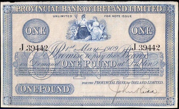 Provincial Bank of Ireland 1 Pound 1st May 1909 John Kidd.jpg