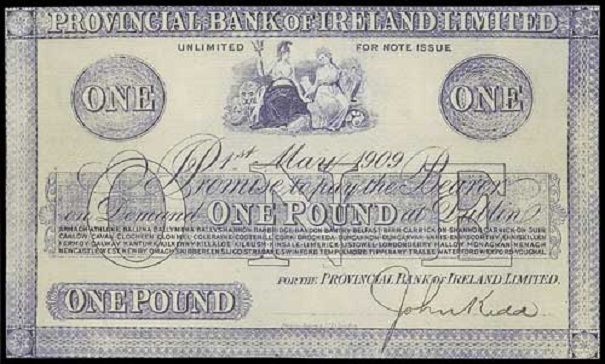 Provincial Bank of Ireland 1 Pound Unissued 1st May 1909 John Kidd.jpg