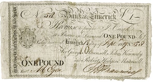 Bank of Limerick Maunsell 1 Pound 18th Sept 1819.jpg
