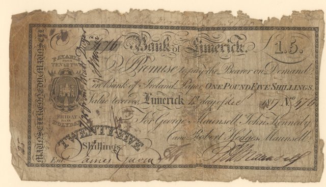 Bank of Limerick Maunsell 25 Shillings 13th Dec 1817.jpg