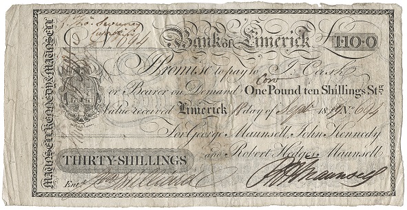 Bank of Limerick Maunsell 30 Shillings 18th Sept.1819.jpg