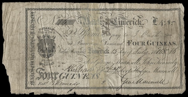 Bank of Limerick Maunsell 4 Guineas 15th July 1816.jpg