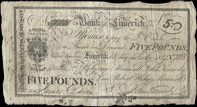 Bank of Limerick Maunsell 5 Pounds 15th July 1817.jpg