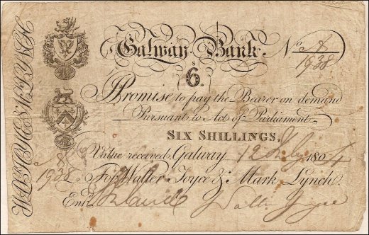 Galway Bank Walter Joyce & Co.  6 Shillings 12th July 1804.jpg