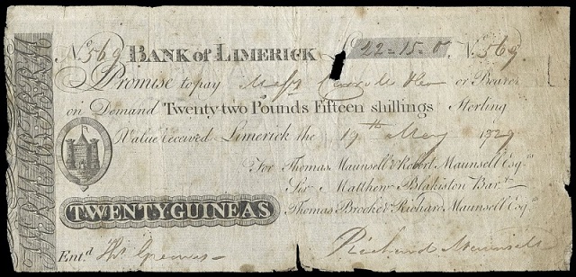 Bank of Limerick Thomas Maunsell & Co. 20 Guineas 19th May 1829.jpg