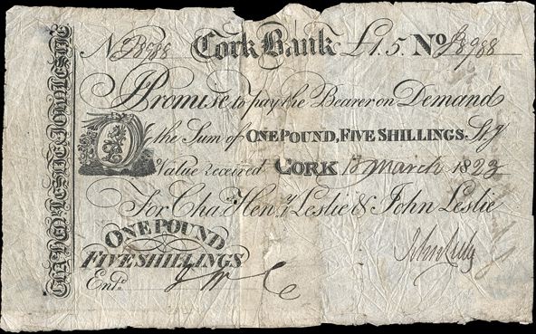 Cork Bank Charles Leslie & Co. 25 Shillings 18th March 1823.jpg