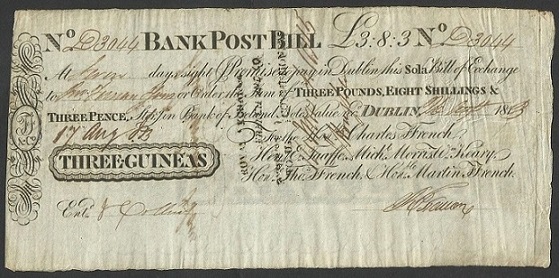 Ffrench's Bank Post Bill 3 Guineas 26th Aug.1813.jpg