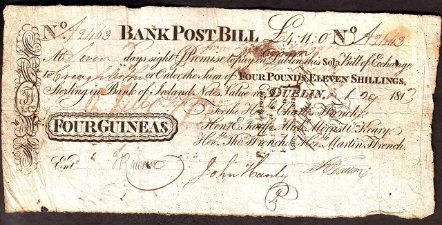 Ffrench's Bank Post Bill 4 Guineas August 29th 1813.jpg