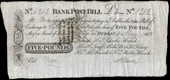Ffrench's Bank Dublin Post Bill 5 Pounds 4th May 1813.jpg