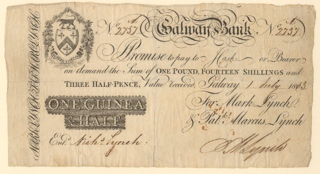 Galway Bank Lynch & Co. 1 Guinea & Half 1st July 1813.jpg
