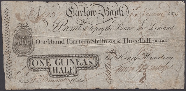 Carlow Bank Henry Macartney 1 Guinea & Half 1st November 1805.jpg