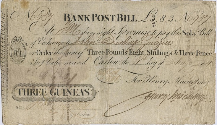 Carlow Bank 3 Guineas Post Bill 4th May 1811 Henry Macartney.jpg