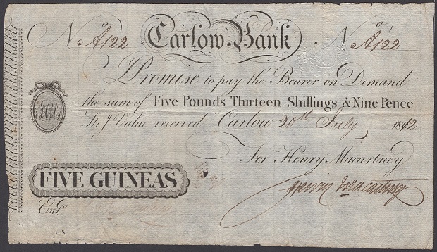 Carlow Bank Henry Macartney & Co. 5 Guineas 20th July 1812.JPG
