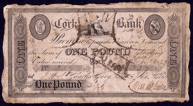 Cork Bank Charles Leslie & Co. 1 Pound 20th Oct. 1823.jpg