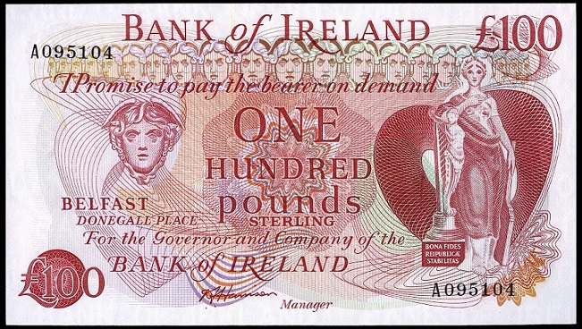 Bank of Ireland 100 Pounds ca. 1985 Harrison.jpg