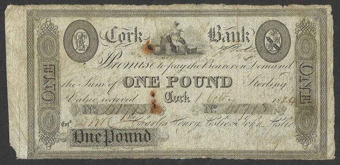 Cork Bank Charles Leslie & Co. 1 Pound 1st Oct. 1824.jpg