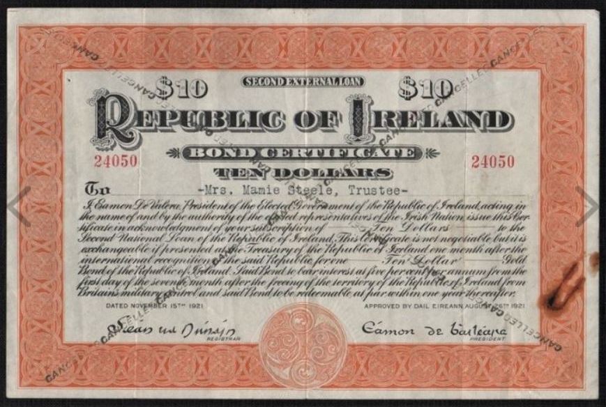 Republic of Ireland Bond 10 Dollars Bond Second External Loan 15th Nov. 1921.JPG