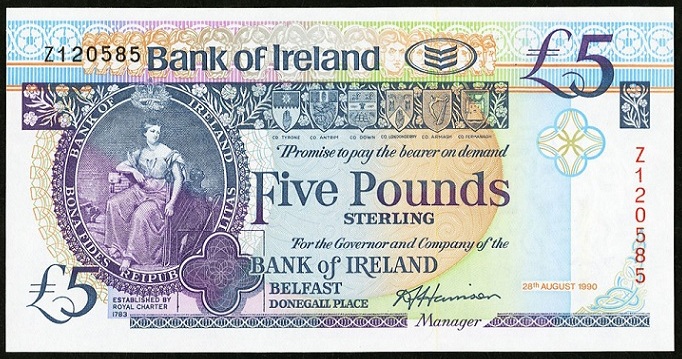 Bank of Ireland 5 Pounds Replacement 28th Aug. 1990 Harrison.jpg