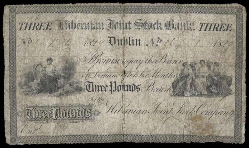 Ireland, Hibernian Bank Three Pounds 1829, post note, payable after six Months