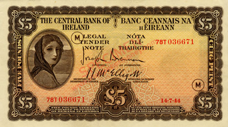 Central Bank of Ireland war code five Pound note 1944 code M