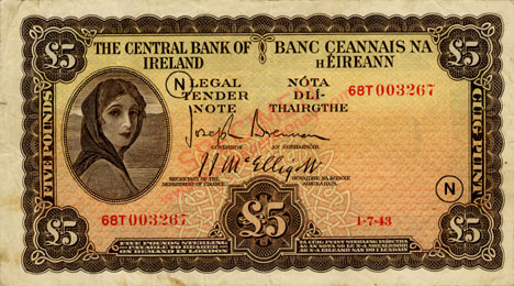 Central Bank of Ireland Five Pound war code 1943 code N