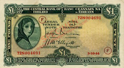 Central Bank of Ireland One Pound war code 1944 code F