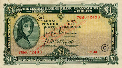 Central Bank of Ireland war code One Pound note 1943 code G