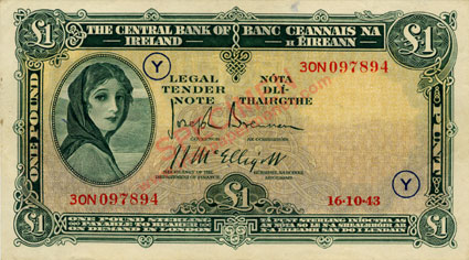 Central Bank of Ireland One Pound war code 1943 code Y