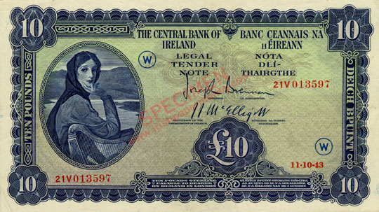 Central Bank of Ireland Ten Pounds war code 1943 code W