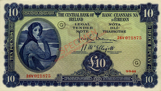 Central Bank of Ireland Ten Pounds 1944 war code G