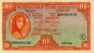 Central Bank of Ireland war code 10 Shilling note 1944 code E
