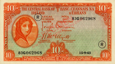 Central Bank of Ireland 10 Shillings war code 1943 code R