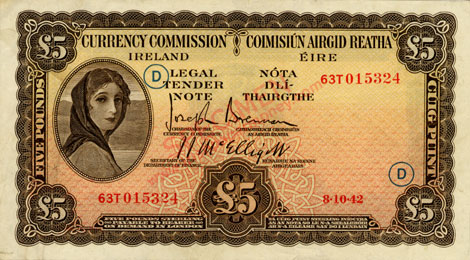 Currency Commission Ireland Five Pounds 1942 war code D