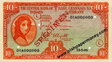 Central Bank of Ireland Ten Shillings Specimen 1943