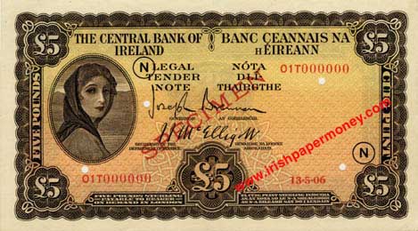 Central Bank of Ireland Five Pounds Specimen 1943