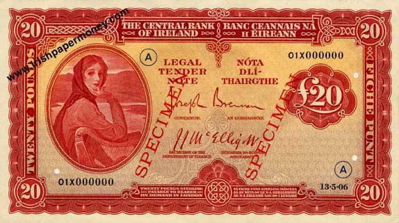 Central Bank of Ireland 20 Pounds Specimen 1943 war code