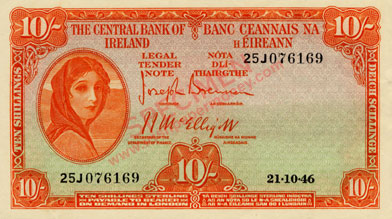 Central Bank of Ireland Ten shillings 1946. Brennan, Mc Elligott signatures
