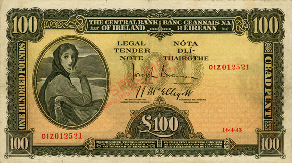 Central Bank of Ireland 100 Pounds 1943. Brennan, Mc Elligott