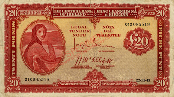 Central Bank of Ireland 20 Pounds 1945