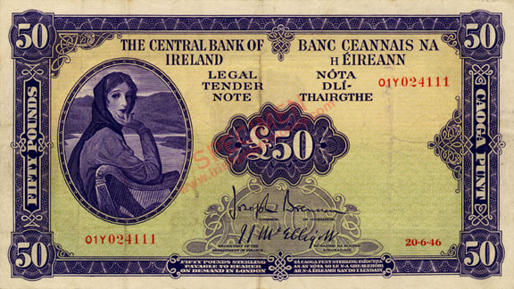 Central Bank of Ireland 50 Pounds 1946. Brennan, Mc Elligott