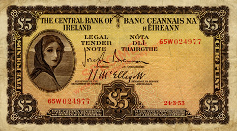 Central Bank of Ireland 5 Pounds 1953. Rare last date 24.3.53