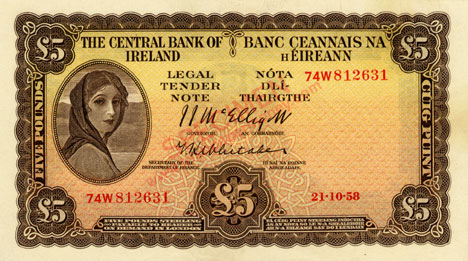 Central Bank of Ireland Five Pounds 1958. J .J. Mc Elligott, T. K. Whitaker