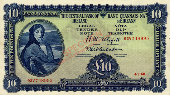 Central Bank of Ireland 10 Pounds 1960. Mc Elligott, Whitaker